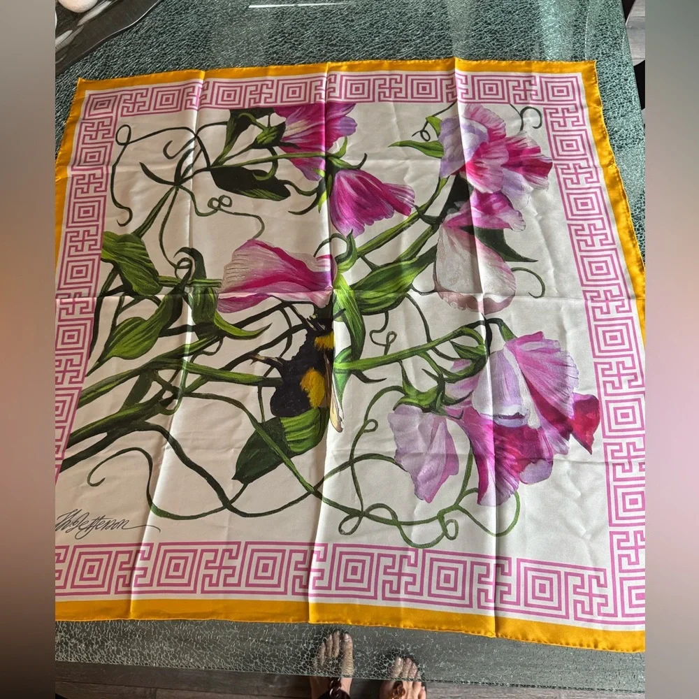 Floral Print Silk-Feel Scarf in Pink, Green & Yellow